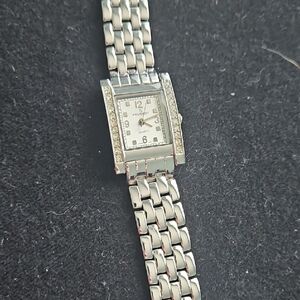 Peugeot Silver Watch with Crystal Details Square Face Adjustable Band